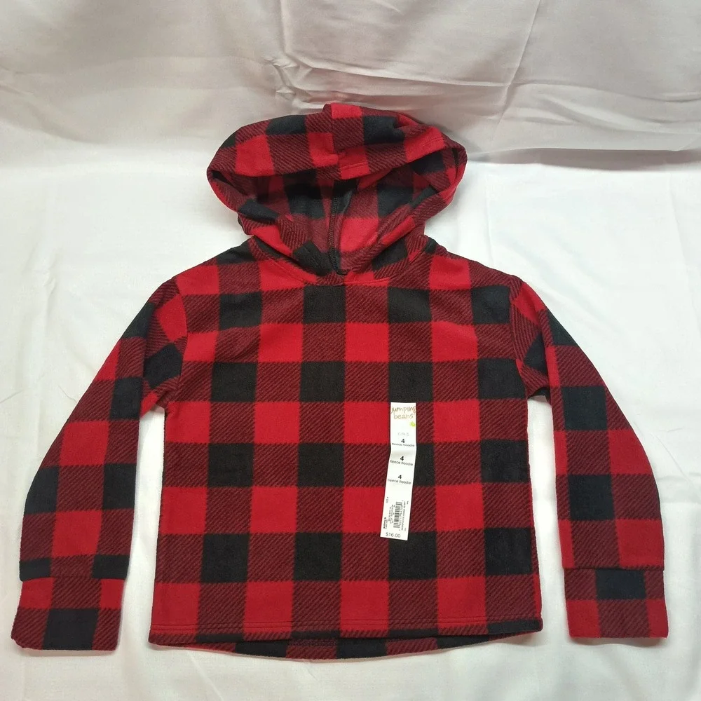 Jumping Beans Girls 4 Red Black Buffalo‎ Plaid Fleece Hoodie Cozy Festive Casual